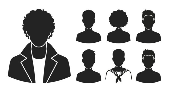 Group of diverse people silhouettes hairstyles and collars shown.
