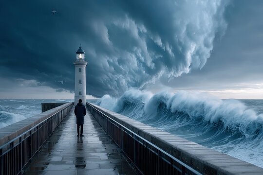 Dramatic waves crash against lighthouse during a stormy evening near the coast