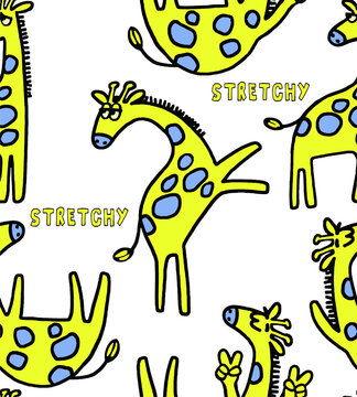 Stretchy yellow cartoon giraffes with blue spots on a white background seamless pattern