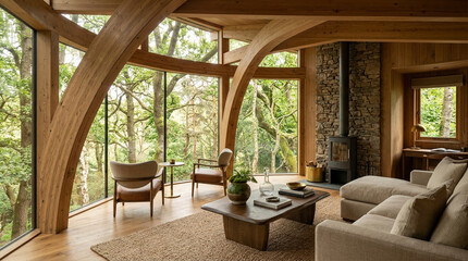 Fototapeta premium Cozy living room with fireplace and forest view