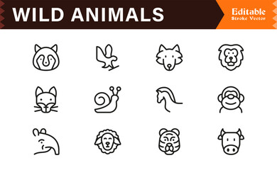 Fototapeta premium Wild Animals Professional Line Icon Set – Modern Minimal Editable Vector Icons Cat, Fish,Kangaroo,Dog,and Pixel Perfect Icons