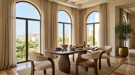 Fototapeta premium Elegant Dining Room with Arched Windows, Garden View, and Modern Furniture