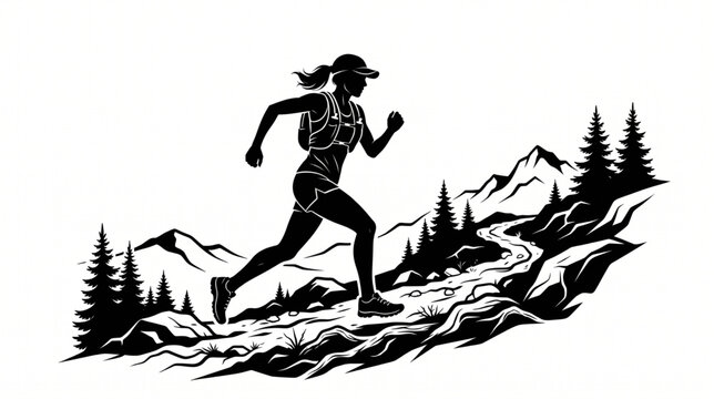 Female Trail Running Silhouette on Mountain Path Vector Illustration