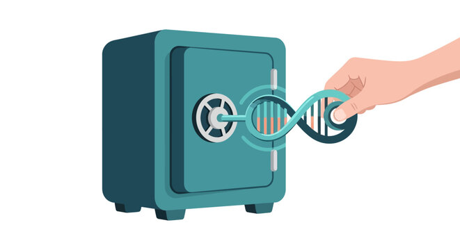 DNA Helix Key Unlocking a Security Safe for Genetic Data Privacy and Biotech Protection Concept