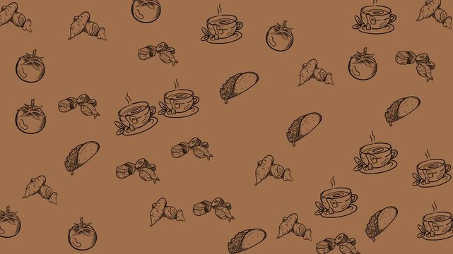 Animated seamless assorted food doodle pattern on tan background