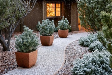 Fototapeta premium Curved garden walkway toward a glowing porch beyond falling snow, complemented by balanced contrast.