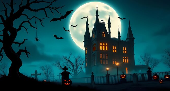 Spooky happy halloween night bats castle and full moon illustration for festive celebrations