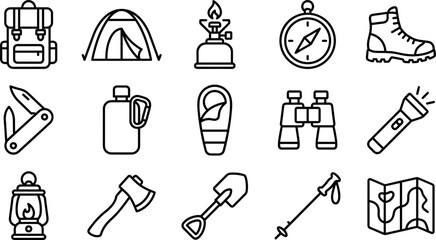 Vector set of camping and hiking equipment line icons featuring backpack tent stove compass and outdoor gear © MdLiton