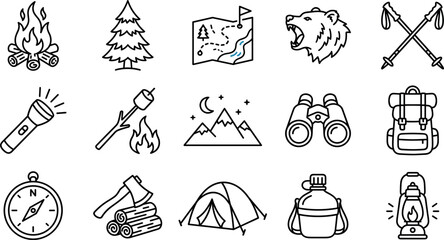Vector set of camping and hiking line icons featuring campfire tent backpack compass wildlife and outdoor gear © MdLiton