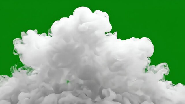 Thick white smoke clouds swirling and rising slowly against a solid chroma key green background for easy video compositing