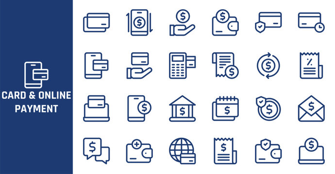 Payment icon set for online banking. Digital finance symbols for e-commerce and mobile apps.