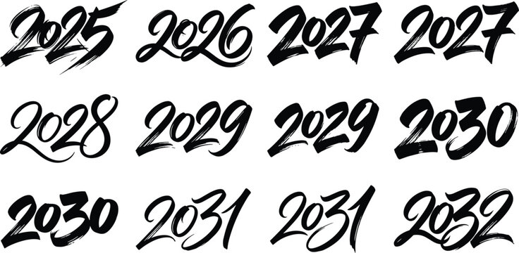 Brush Stroke New Year Typography Collection with Hand Drawn 2025 to 2032 NumbersBrush Stroke New Year Typography Collection with Hand Drawn 2025 to 2032 Numbers