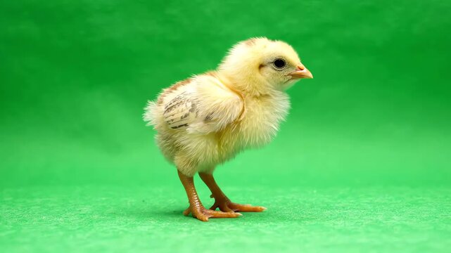 Tiny yellow baby chick walking slowly across a bright green screen background with soft studio lighting
