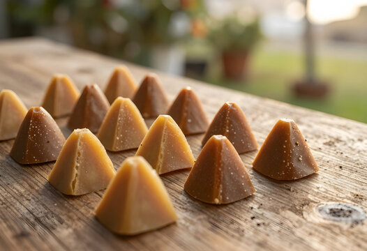 Pyramid shaped panela or piloncillo sugar cones arranged on a rustic wooden surface outdoors, this unrefined brown sugar is a natural sweetener used in cooking and baking