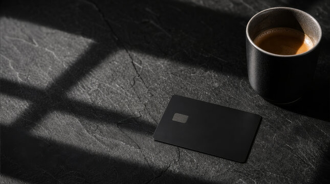 Sleek matte black credit card lying on dark granite surface next to an espresso cup with dramatic window shadows.