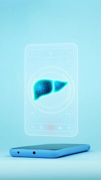 Doctor using mobile app interface on smartphone to analyze anatomical liver, innovative technology for early diagnosis of hepatic tumors, cirrhosis and liver failure. Light blue background.