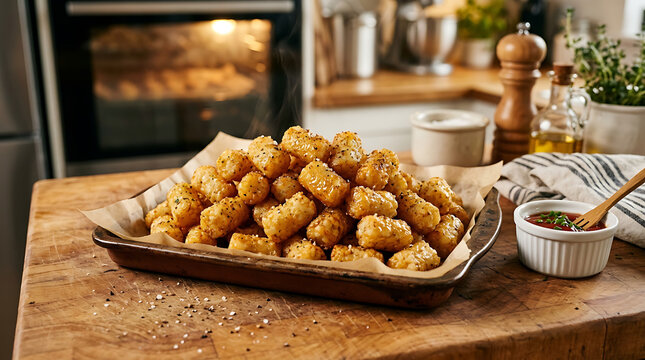A delicious heap of golden tater tots glistening with herbs and spices served warm on a rustic tray in a kitchen setting, perfect for any occasion.