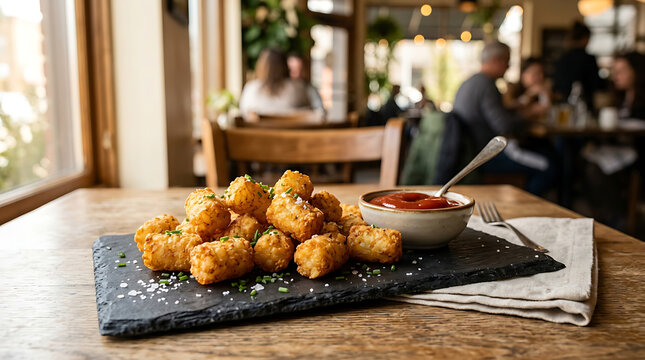 Crispy golden tater tots seasoned with herbs and salt served with a side of ketchup on a slate board in a cozy restaurant setting