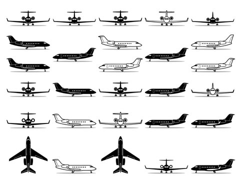 Private Jet and Business Aircraft Silhouettes Vector Icons Set