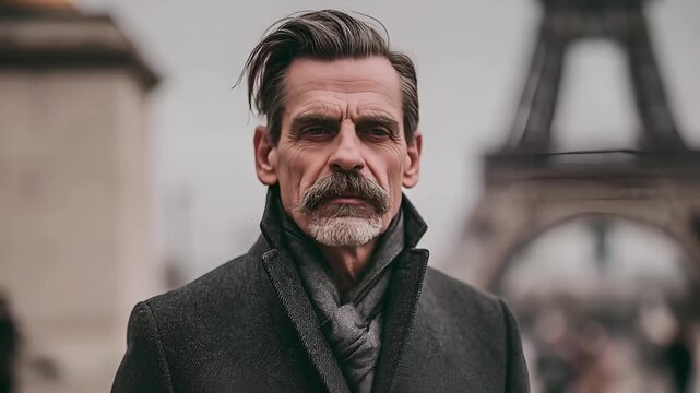 Paris, France, Europe. A closeup portrait of a man with a prominent mustache and slickedback hair, set against a blurred background of the Eiffel Tower in Paris, France. He wears a dark.