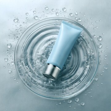 Hydrating blue skincare cream tube on rippled water surface with clear droplets