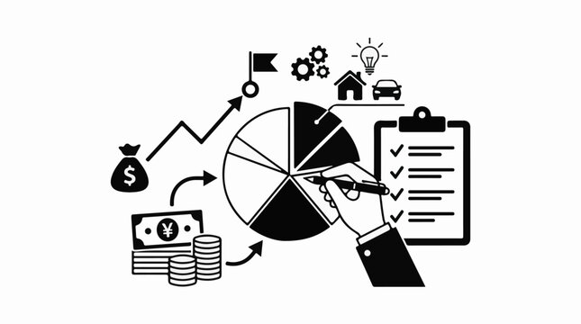 A hand charts financial growth with money pie chart and checklist
