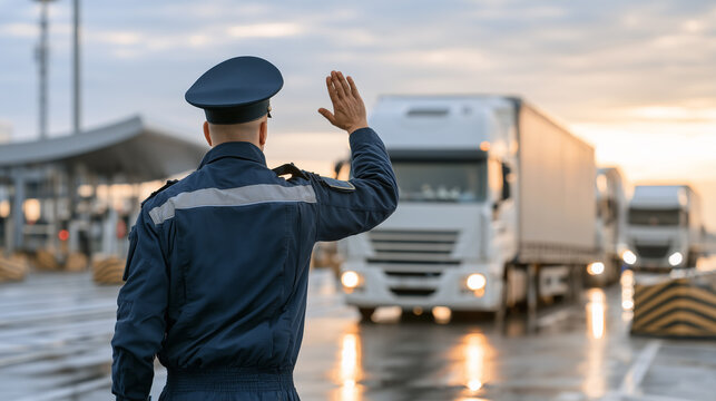 border control officer inspecting cargo truck at international customs checkpoint during freight transportation clearance