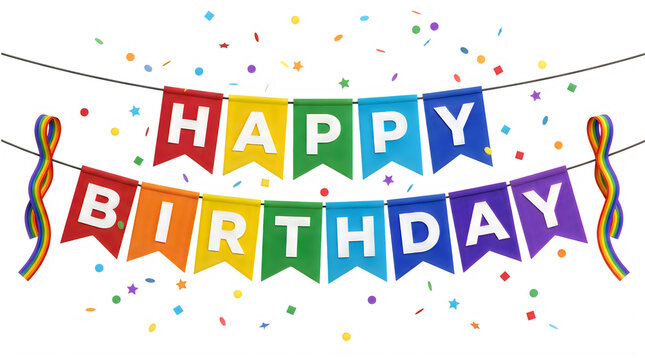 Colorful happy birthday bunting flags banner with festive confetti streamers for party celebration