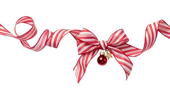 Red and white striped christmas ribbon bow with a small jingle bell decoration