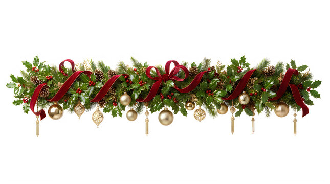 Christmas garland decorated with red velvet ribbons and golden bauble ornaments