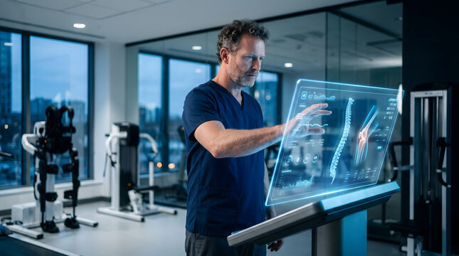 Male doctor using holographic touch screen interface for patient rehabilitation in modern medical center with robotic exoskeleton equipment and advanced healthcare technology digital scans