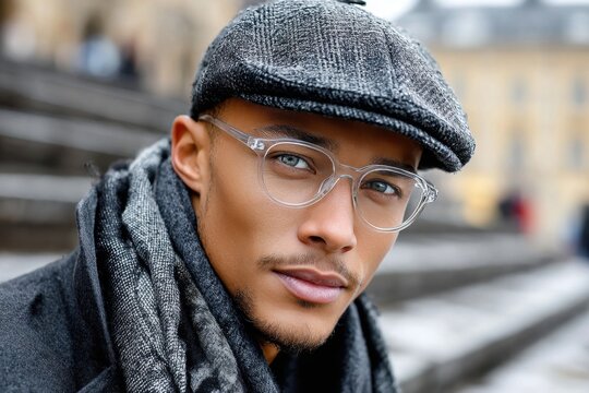 Stylish Man in Clear Glasses and Cap Outdoors