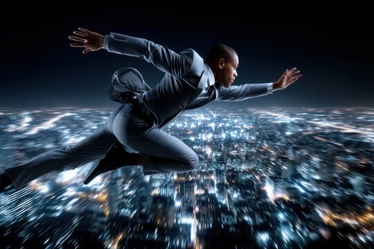 Businessman flying over city skyline at night showcasing ambition and determination