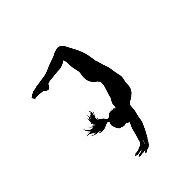 Gymnast performs a graceful back handspring in this dynamic silhouette isolated against a white background.