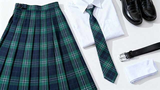 Complete School Uniform Set Featuring Plaid Pleated Skirt, White Shirt, Matching Tie, Black Loafers, Belt, and Socks on White Background