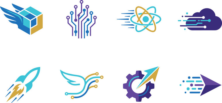 Set of four modern technology abstract vector logos featuring circuit trees science atoms and progressive gear arrows
