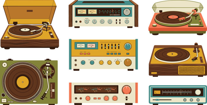 Vintage audio equipment vector illustration collection featuring retro vinyl record players and analog stereo receivers
