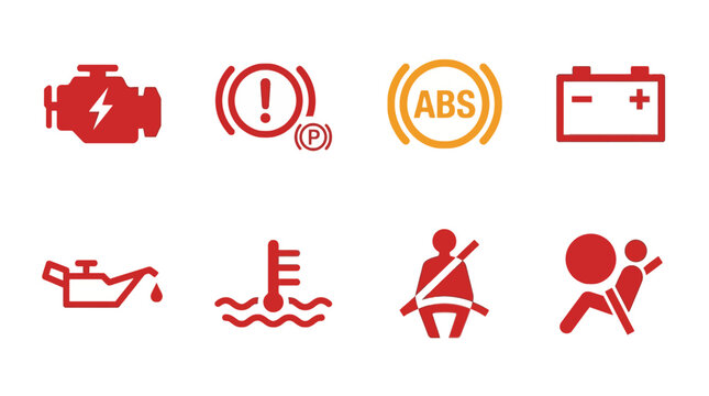 A collection of various red vehicle dashboard warning light icons