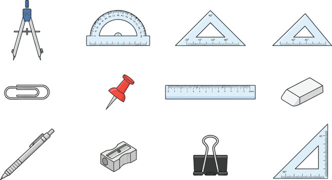 Set of geometry math drawing tools and office accessories including compass protractor rulers triangle squares paper clip push pin eraser and binder clip isolated on transparent background vector icon