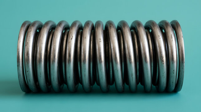 Heavy duty industrial metal coil spring placed horizontally against a solid bright teal background captured in sharp studio side lighting