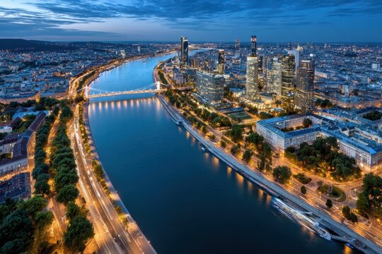 Vienna Cityscape at Dusk with Danube River and Bridge