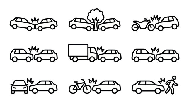 Traffic accident and vehicle collision outline icon set.