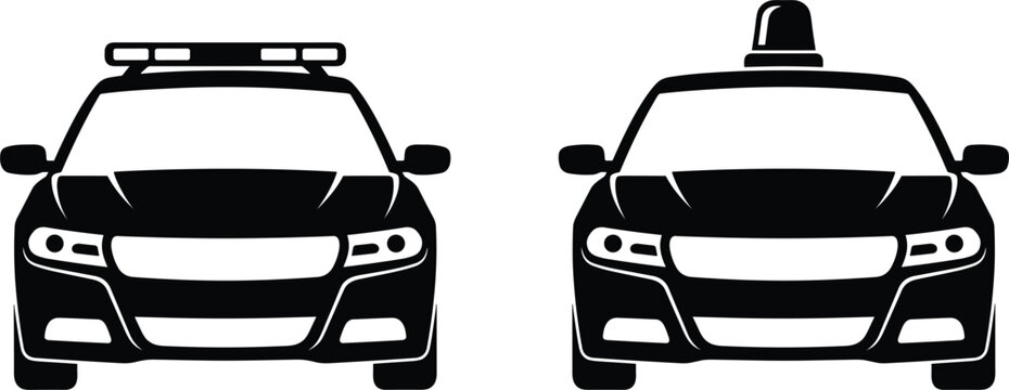 Police car and emergency vehicle front view vector icon set featuring light bar siren and beacon solid glyph design..eps