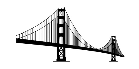 a striking black and white illustration depicting a suspension bridge silhouette, Tower bridge london silhouette illustration with city skyline in background over river thames water silhouette illustr © DREAM WISH