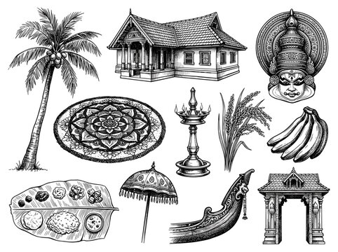 Kerala onam festival village elements set, traditional house and coconut palm, ink engraving sketch