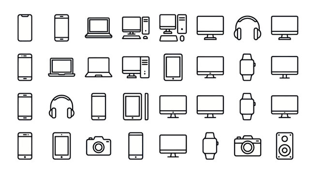 Technology hardware and digital device line icons.