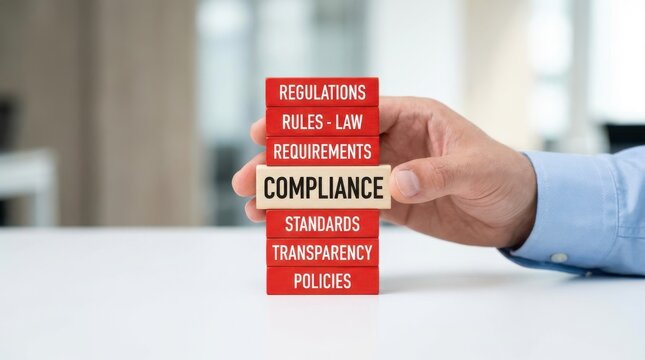 Hand holding wooden block with word compliance stacked on other blocks featuring business terms on white surface.