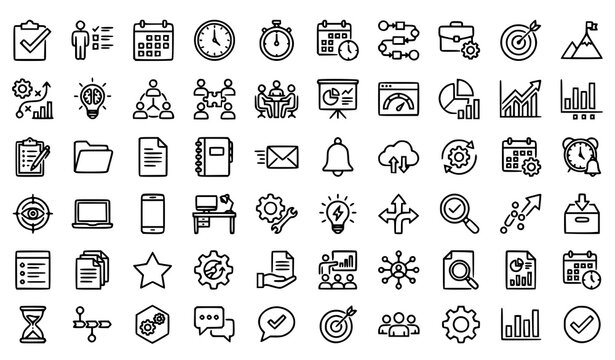 Set of hand drawn business and management icons representing planning strategy teamwork productivity and professional office workflow tasks