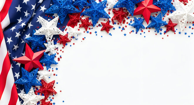 American flag waving in celebration with fireworks. Patriotic USA banner displaying red white and blue stars and stripes for national events.