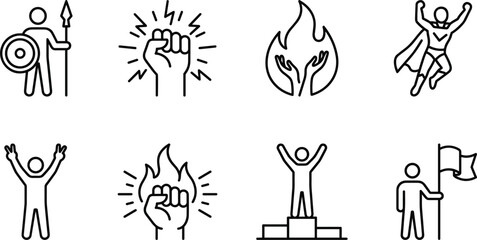 Strength motivation and achievement icon collection with raised fist superhero fire warrior and victory symbols line vector.eps © MdAzahar